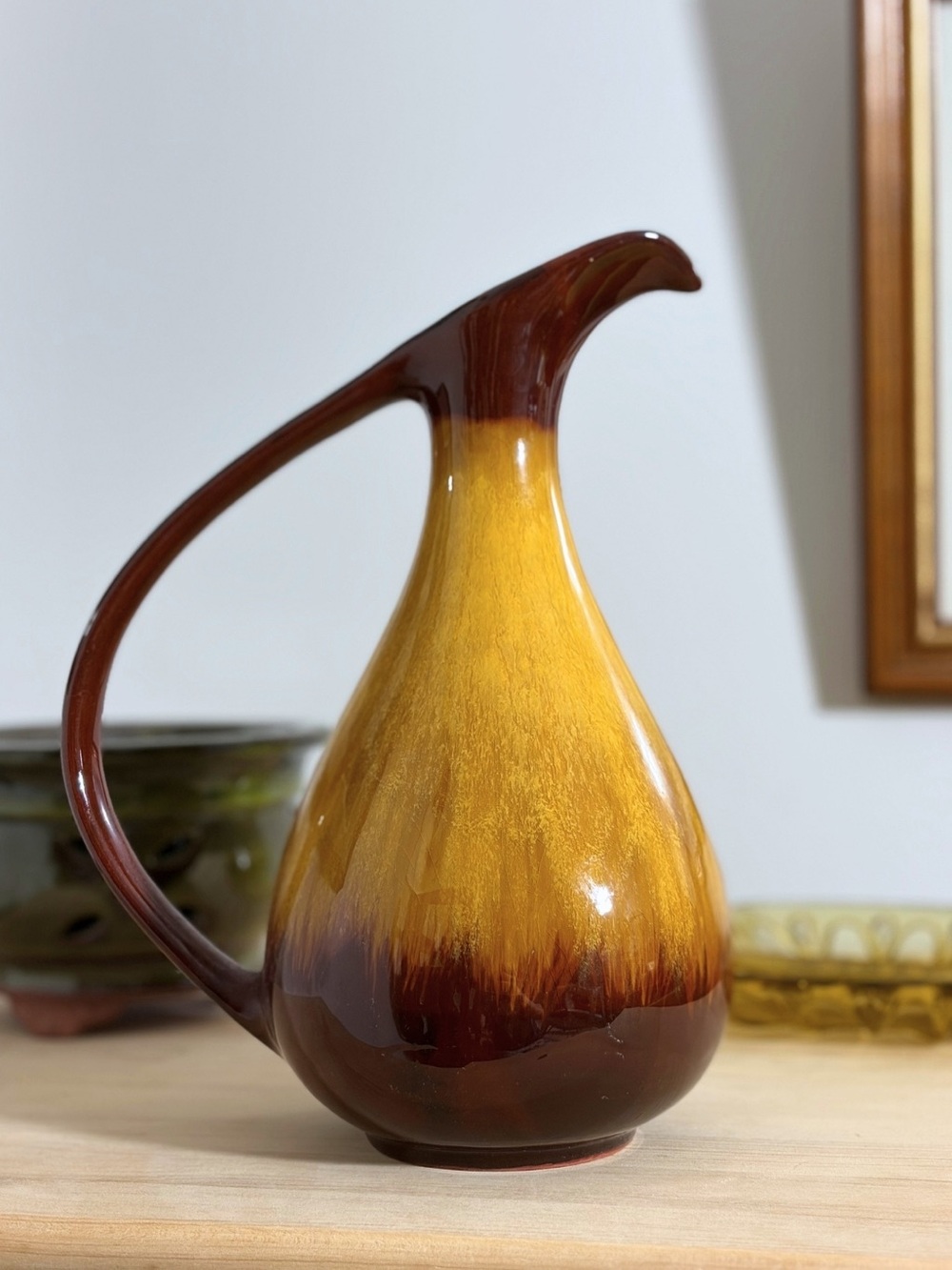 Vintage Blue mountain pottery tall sleek brown gold mid century pitcher vase Jug
